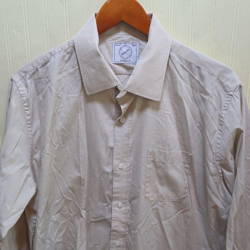 Bespoke Dress Shirt Mens L 16.5 34/35 Beige Solid Classic Fit Long Sleeve